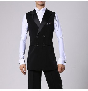 Men's black side split ballroom latin competition vest lapel collar middle long length dance performance waistcoats