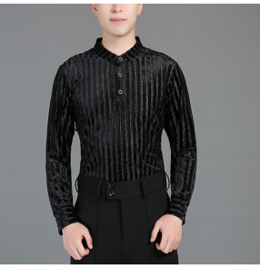 Men's black striped velvet latin dance shirts ballroom dancing tops male waltz tango dance shirts tops