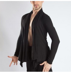 Men's black training practice performance latin ballroom dance shirts cardigans front open tops shirts