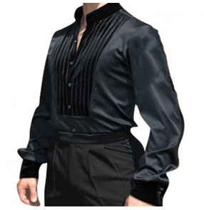 Men's black velvet ballroom latin dance body shirts stage performance chacha rumba salsa dance body tops shirts