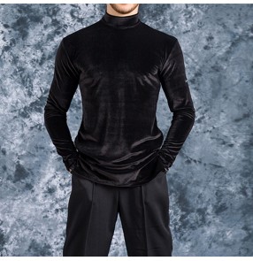 men's Black velvet competition ballroom latin dance shirts stage performance modern dance high neck waltz tango chacha dance tops