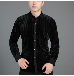 Men's black velvet striped latin ballroom dance shirts male stage performance waltz tango dance tops shirts