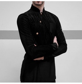 Men's black velvet striped latin dance shirts stand collar long sleeves male ballroom tango chacha waltz salsa dance tops for male 