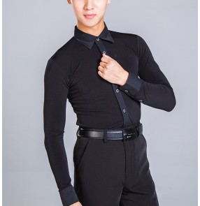 Men's black white competition latin dance shirts stage performance male waltz tango ballroom chacha dancing tops shirts