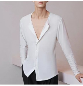 Men's black white latin dance shirts buttoned cardigan Latin dance tops men's training stretch top waltz chacha ballroom dancing shirts for male