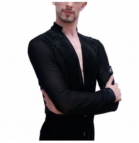 Men's black white latin dance shirts v neck velvet male striped ballroom salsa chacha rumba samba dance tops body shirts