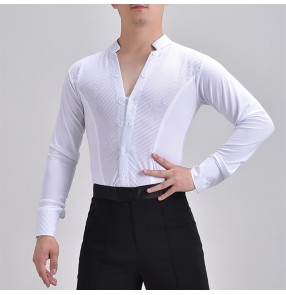 Men's black white v neck Latin dance shirts men's tops adult men's competition performance dance clothes practice clothes black ballroom dance shirt