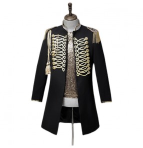 Men's black with gold color singer dancer stage performance long coat Nightclub bar male guest magician long jackets for male host costume