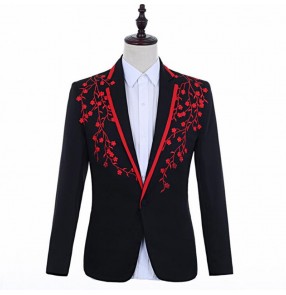 Men's black with red flowers jazz singers host blazers magician male model show stage performance coats