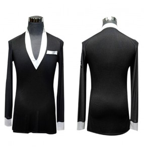 Men's black with white latin dance shirts ballroom waltz tango chacha dance tops shirts