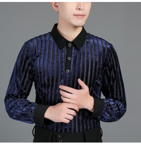 Men's blue velvet striped latin ballroom dance shirts male waltz tango stage performance dance tops 