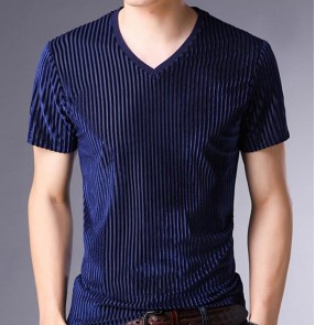 Men's blue white velvet striped latin dance shirts ballroom waltz tango dance tops t shirts