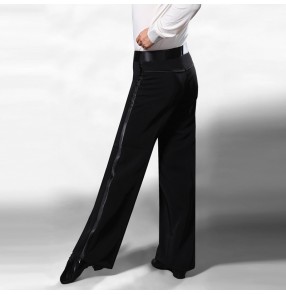 Men's boys black side with ribbon plus size competition ballroom latin dance pants waltz tango flamenco chacha jive performance long trousers for male