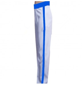 Men's children boy's latin dance pants competition white with royal blue ribbon stage performance salsa rumba chacha dance trousers