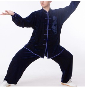 Men's chinese Dragon nany black velvet Tai chi Kung fu uniforms competition stage performance wushu Martial Art competition clothes Morining Exercises fitness suit