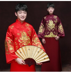 Men's chinese dresses wine red red dragon robes ancient traditional chinese stage performance bridegroom robes chinese folk dance wedding party dresses