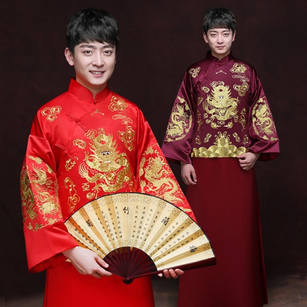 Men's chinese dresses wine red red dragon robes ancient traditional ...