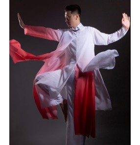 Men's chinese kungfu wushu clothing folk classical dance costumes hanfu Tang dance uniforms white red gradient wushu scholar stage performance clothes for male