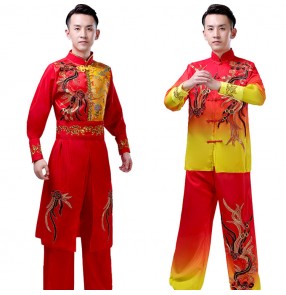 Men's Chinese traditional drummer dragon lion dance costumes stage performance yangko wushu martial dance tops and pants