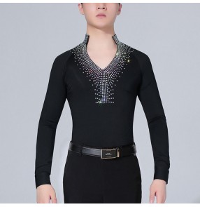 Men's competition latin ballroom dance body shirts for male stage performance long sleeves black v neck latin waltz tango dance body tops fo men