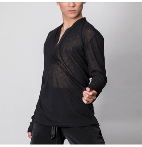 Men's competition Latin dance shirts male black ballroom dancing shirts flamenco training stage performance shirts tops 