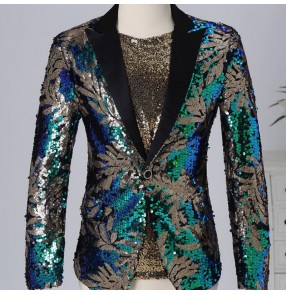Men's dark green sequin jazz dance blazers coats host singers night club model show performance coats
