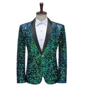 Men's dark green sequined host singers stage performance blazers jazz dance jackets for male photos studio coats night club bar dj ds stage performance coats