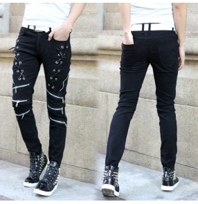 Men's fashion jazz hiphop dance rivet pants singers host night club stage performance slim tight pants