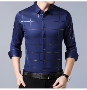 Men's fashion plaid long sleeves slim fit dress shirts youth street wear social tops groomsmen host singers performance shirts