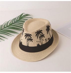 men's fedoras hats Top hat men's elegant gentleman hat casual retro straw hat curled coconut tree print jazz hat beach sun hats