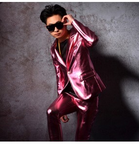 Men's fuchsia jazz dance pu leather blazers night club bar dance jackets for male gogo dancers singers dance coats for men