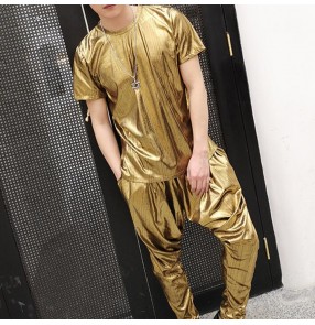 Men's gold glitter jazz dance costumes hiphop street night club dj pole dance singers group dancers performance tops and harem pants