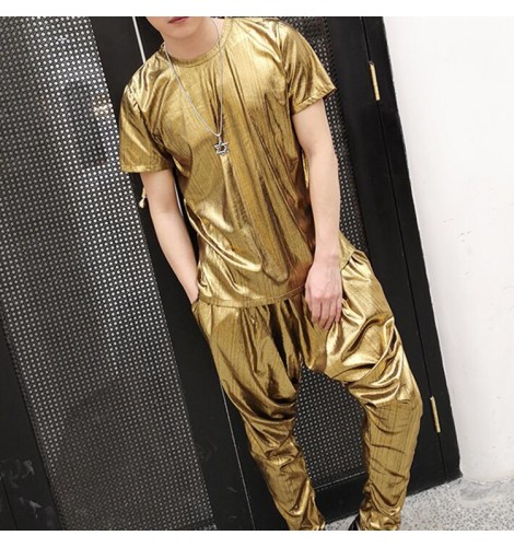 Men's gold glitter jazz dance costumes hiphop street night club dj pole ...