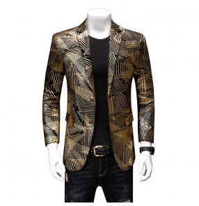 Men's gold printed jazz dance blazers suit male night club dj ds singers host stage performance coats blazers