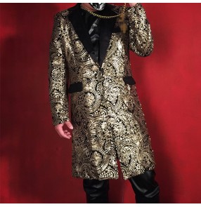 Men's gold printed jazz dance long blazers singer host dj  night club model show performance long coats