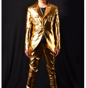 Men's gold pu leather jazz dance blazers Tuxedo style stage performance gogo dancers rap dance night club bar ds dance coats for female