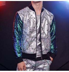 Men's gold silver sequin rivet laser jazz singers concert gogo dancers jacket male modern dance night club dj model performance coats 