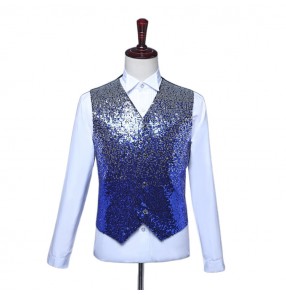 Men's gradient sequin modern host singers waistcoats young men boy red pink royal blue show stage performance night club jazz dance vests 