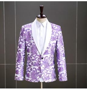 Men's growth light purple Embroidered sequin velvet host singers performance jacket bar night club jazz dance photo studio blazers coats