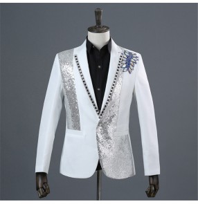 men's Host dress suit singers blazers trendy men's stage performance suit photo studio photo black and white diamond suit