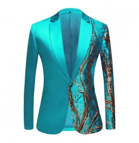 Men's host singers groomsman Embroidered Sequin dress Suit Gold turquoise royal blue black dak green glitter pianist blazers rapper Stage Costume Hip Hop lapel coats