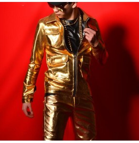 Men's jazz dance coats gogo dancers gold jackets Nightclub male singer DSDJ gold multi-pocket PU jacket  bar performance clothing 