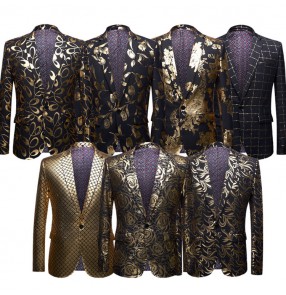 Men's jazz dance coats singers gold printed rose floral chorus host evening party competition stage performance blazers