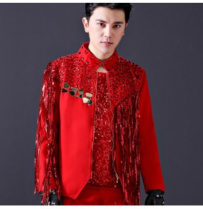 Men's jazz dance costumes red colored fringes lens rhinestones model show modern dance singers host chorus night club punk rock dj dancing jackets tops