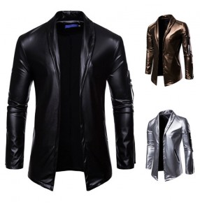 Men's jazz dance Elastic PU Leather coats Motorcycle singers host band Lapel Leather Suit Gold Silver Black Leather night club bar fashion Jacket Leather Suit Men