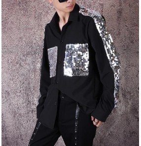 Men's jazz dance gogo dancers singers Silver Sequined shirt long sleeve collage shirt black shirt nightclub trendy male hairdresser casual shirt