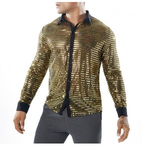 Men's jazz dance gold black silver sequin shirts night club pole dance singers gogo dancers stage performance shirts tops