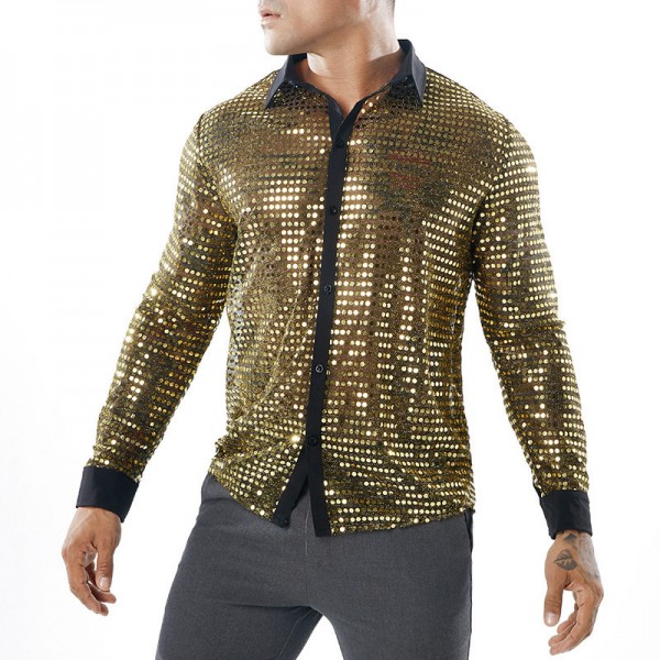 Men's jazz dance gold black silver sequin shirts night club pole dance ...