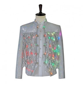 Men's jazz dance jackets silver sequined LED lights luminous singer jacket DJ stage performance clothing night sequined tassel short coats