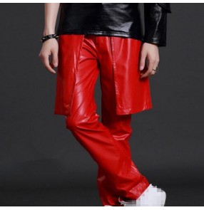 Men's jazz dance pants white black red personality leather pants dj gogo dancers night club host pole dance drummer stage performance long trousers